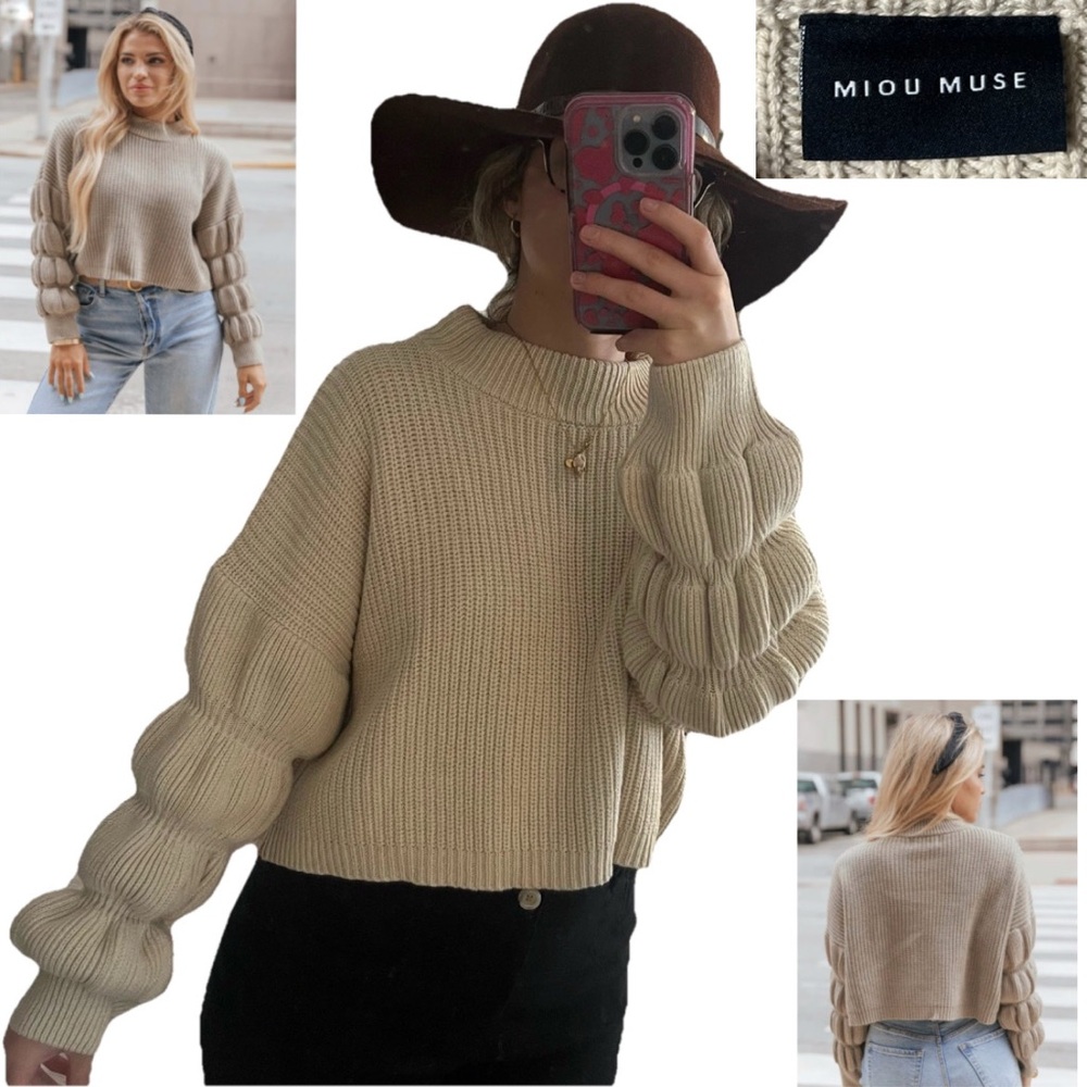 Miou Muse, Bubble Sleeve, Cropped, Beige/Tan, Cotton Blend Sweater | Womens S‎